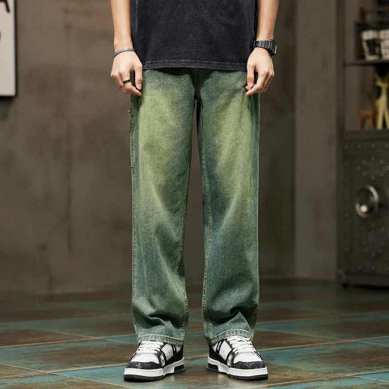 Men Baggy Wide Leg pants Summer Straight Loose Fit Retro Blue Denim Pants Streetwear mens jeans