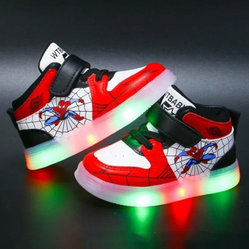 Disney Children's Led Light Shoes Fashion Design Spiderman Boys Sneakers Girls Cartoon Casual Shoes Breathable Kids Sport Shoes