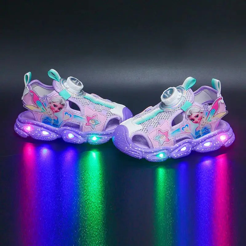 Disney LED Sport Sandals Summer Cartoon Princess Elsa Sandals For Girls Casual Beach Shoe Soft Sole Non-slip Kids Shoes