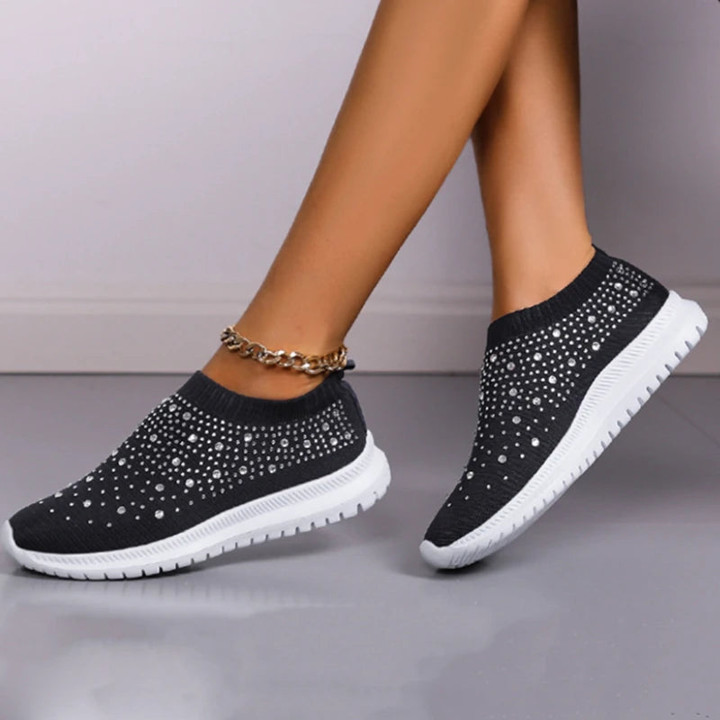 Crystal Sneakers Spring Summer Breathable Mesh Slip On Flat Shoes For Women Outdoor Walking Loafers