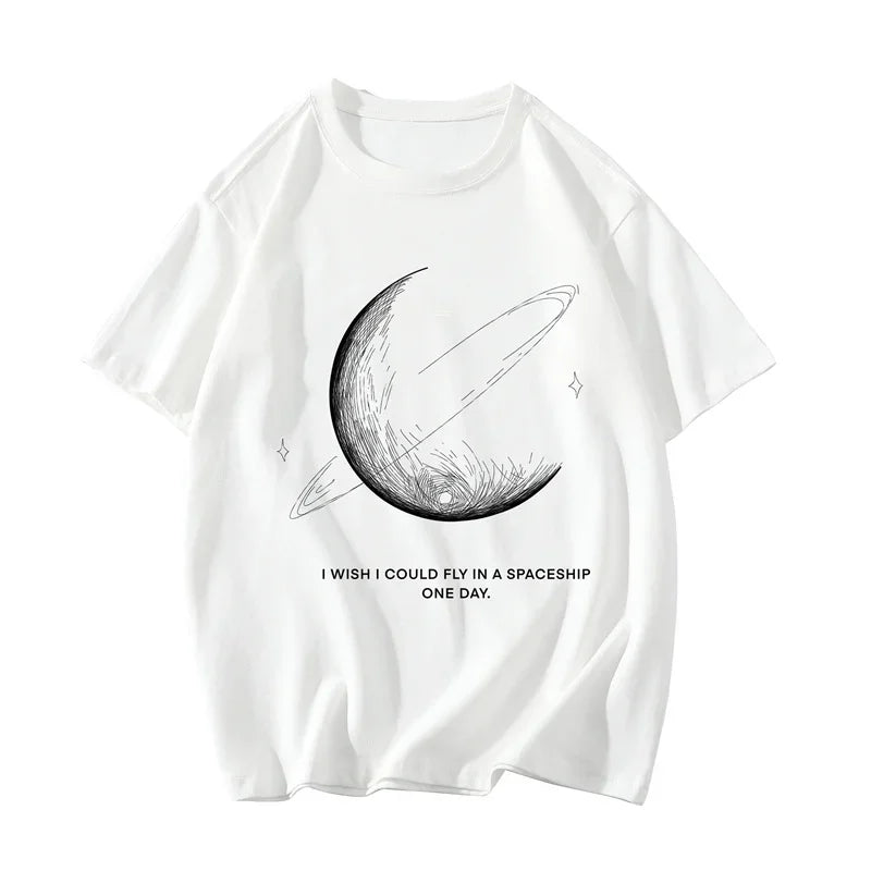 Mens Oversized T-Shirt Summer Casual Wear Moon Print Tee Shirts