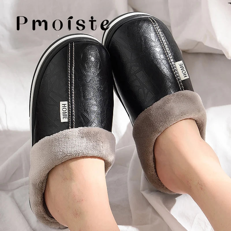 Winter Home Slippers for Men Memory Foam Massage House Slippers With Fur PU Leather Waterproof Indoor Male slipper