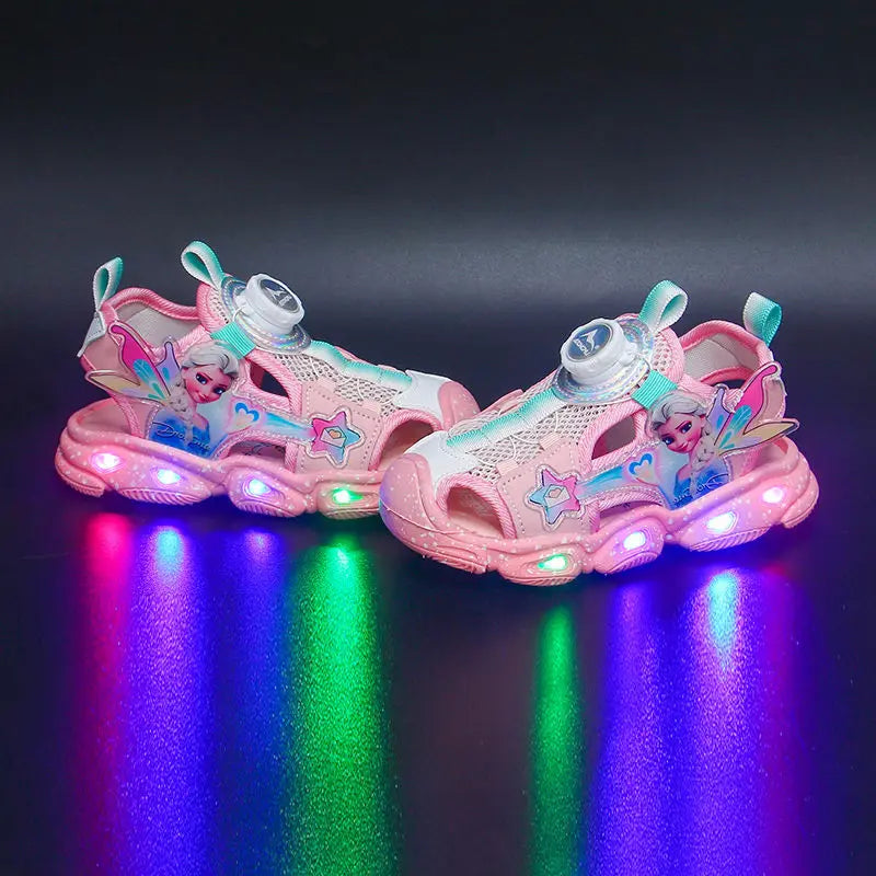 Disney LED Sport Sandals Summer Cartoon Princess Elsa Sandals For Girls Casual Beach Shoe Soft Sole Non-slip Kids Shoes