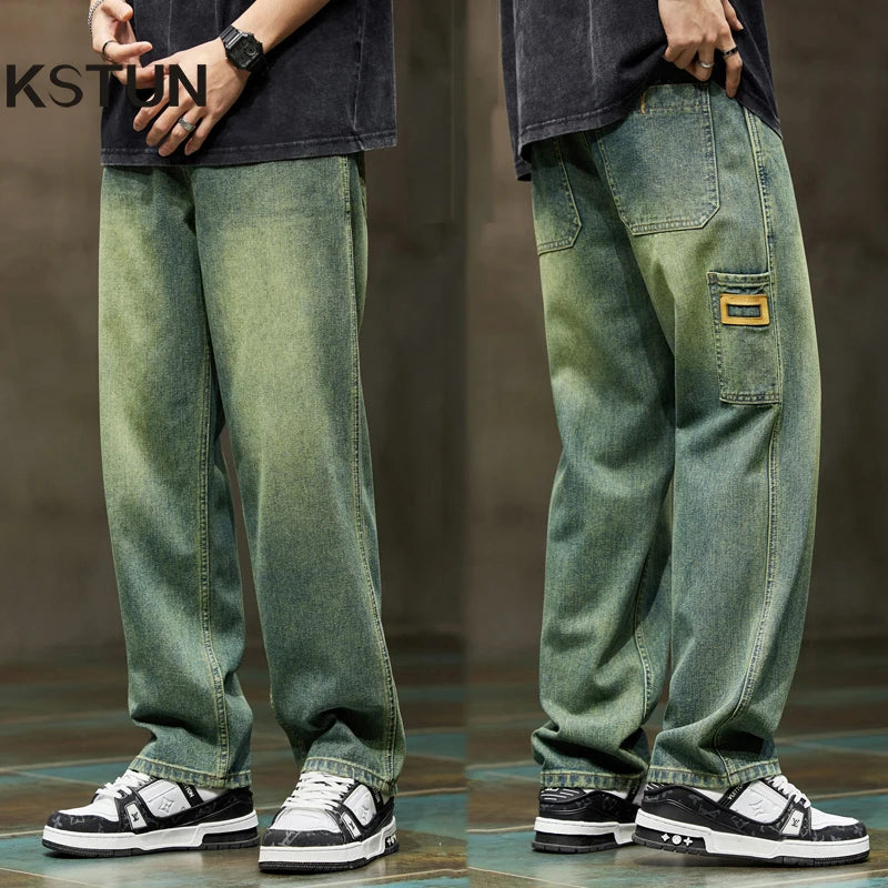 Men Baggy Wide Leg pants Summer Straight Loose Fit Retro Blue Denim Pants Streetwear mens jeans