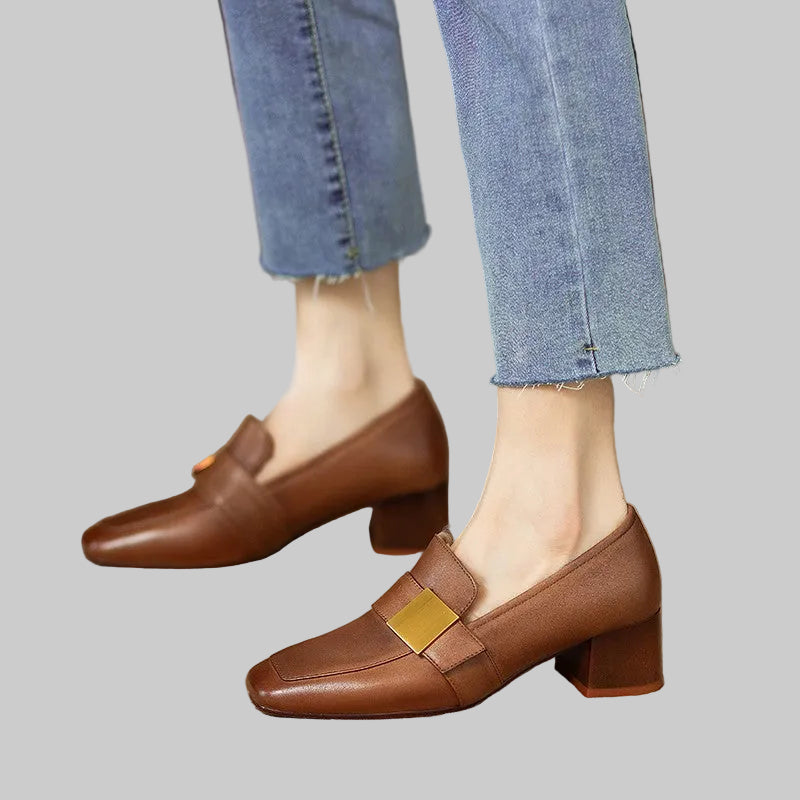 Brown Retro Square Toe Pumps with a high chunky heel.
