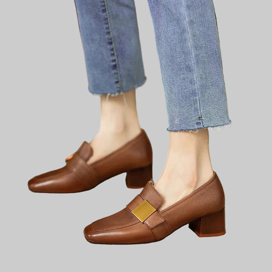 Brown Retro Square Toe Pumps with a high chunky heel.