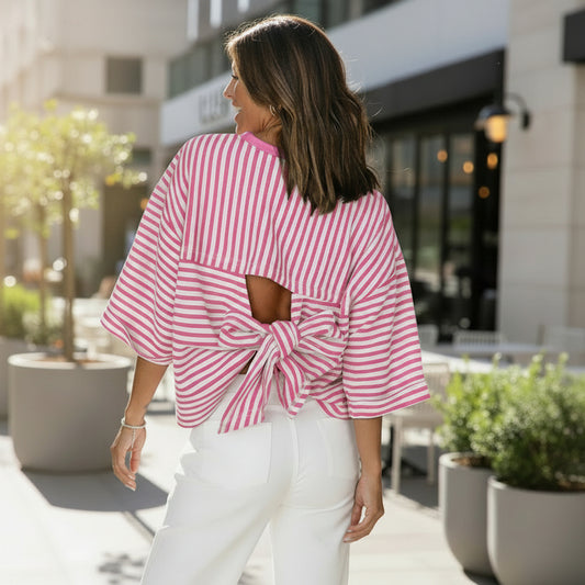 Womens Striped Knit Top with Back-Tie Bow | Season Prestige