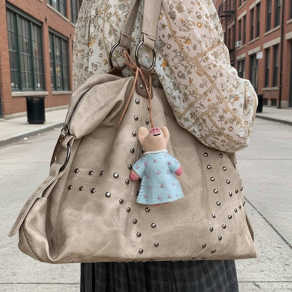 Studded handbag with a plush toy attached, held by a person wearing a gray hoodie.