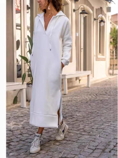 Loose Oversized Knit Hooded Dress Fleece-lined Casual pullover