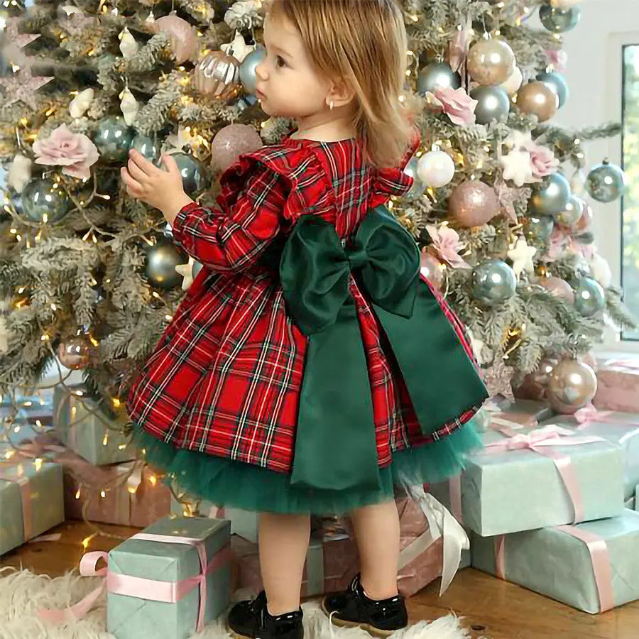 Girls Kids Red Checkered Bow Christmas Dress - Season Prestige