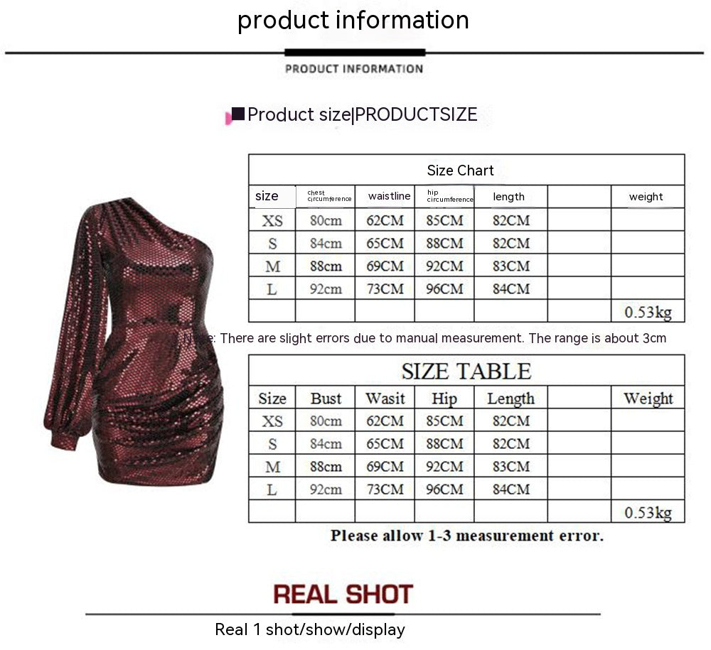 One-shoulder Flared Sleeves Sequin dress Womens Dinner Dress Season Prestige