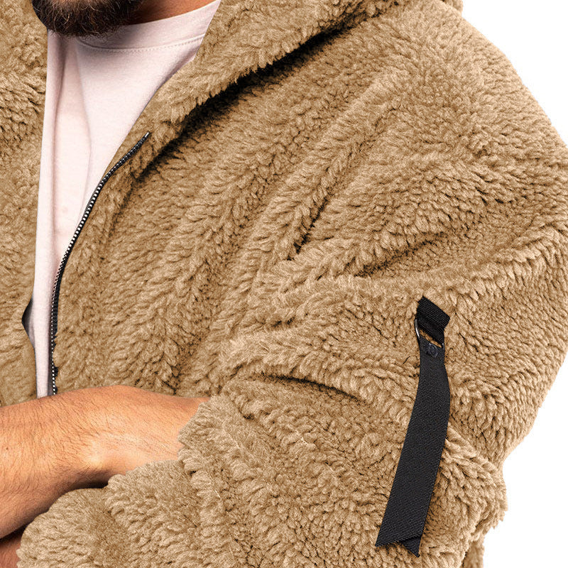 Plush Hooded Reversible Jacket Men's Winter Fleece  With Zipper