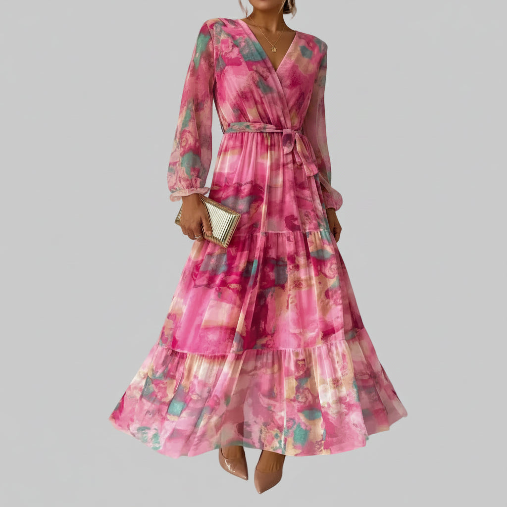 Floral Chiffon Maxi Dress for Women V-Neck Long Sleeve