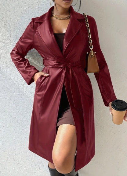 Long Sleeve Pu Leather Jacket With Pockets Slim Fit Long Trench Coat Women