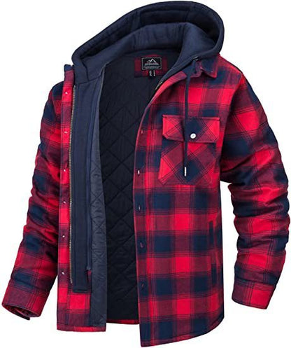 Men's Long-sleeved Plaid Hooded Warm Button Zip-up Jacket