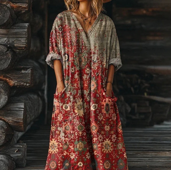 Women's Vintage Floral Art Pattern Print V-neck Pocket Dress