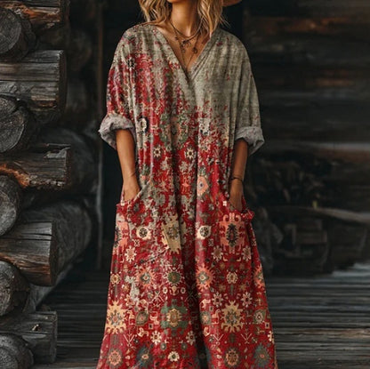Women's Vintage Floral Art Pattern Print V-neck Pocket Dress