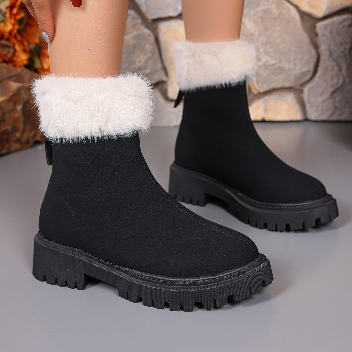 Square-heeled Snow Boots Winter Plus Velvet Platform Plush Shoes Fashion Warm Non-slip Mid-calf Boot For Womenn̈