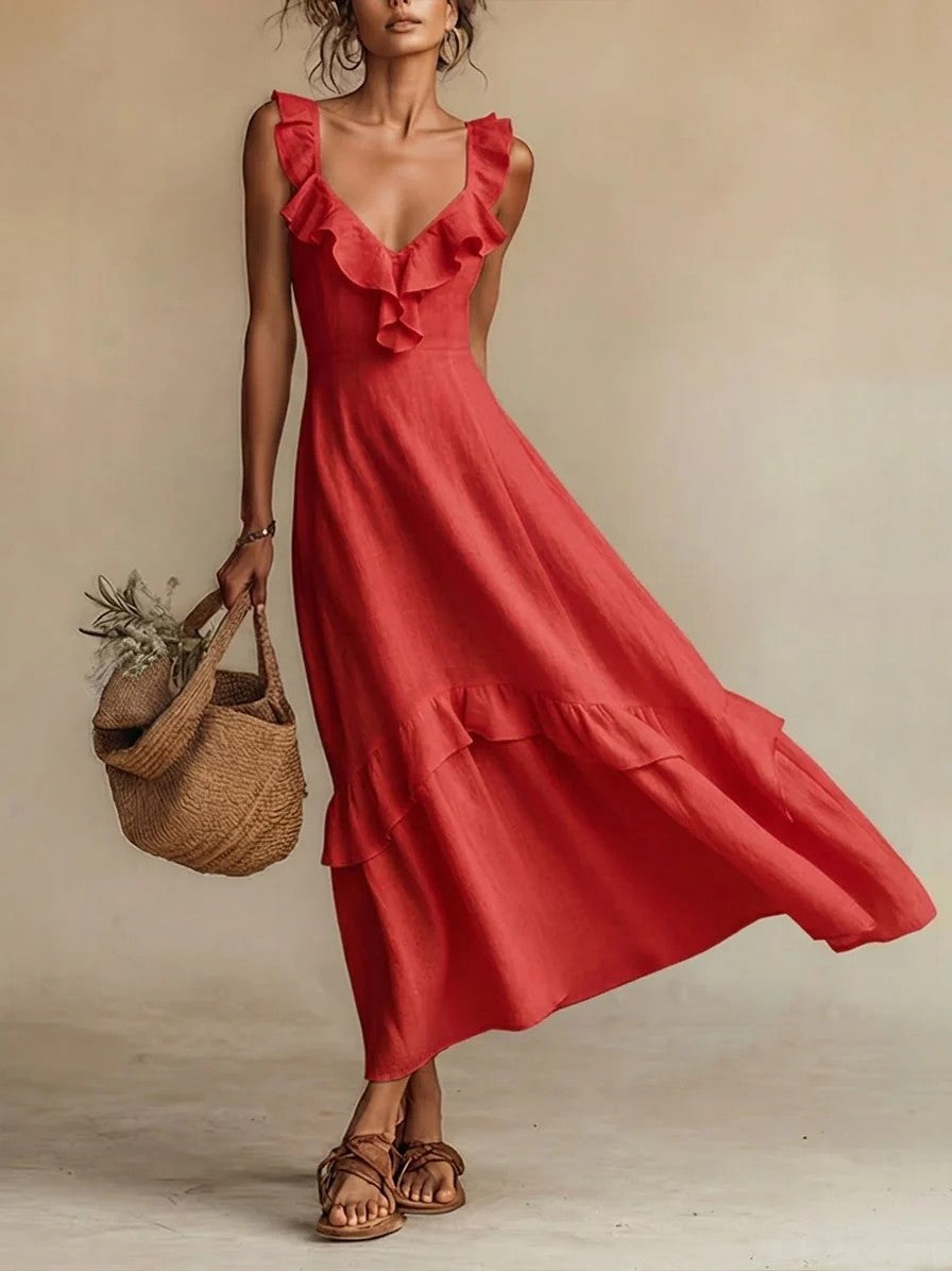 Ruffle Flutter Maxi Dress – Elegant High Waist