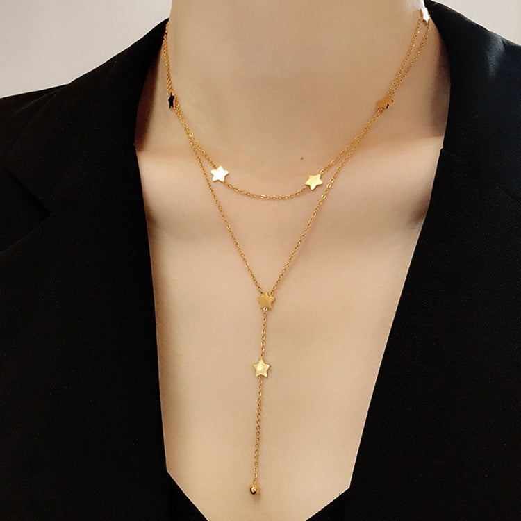 Womens 18K Titanium Steel Gold Double Circles Star Necklace