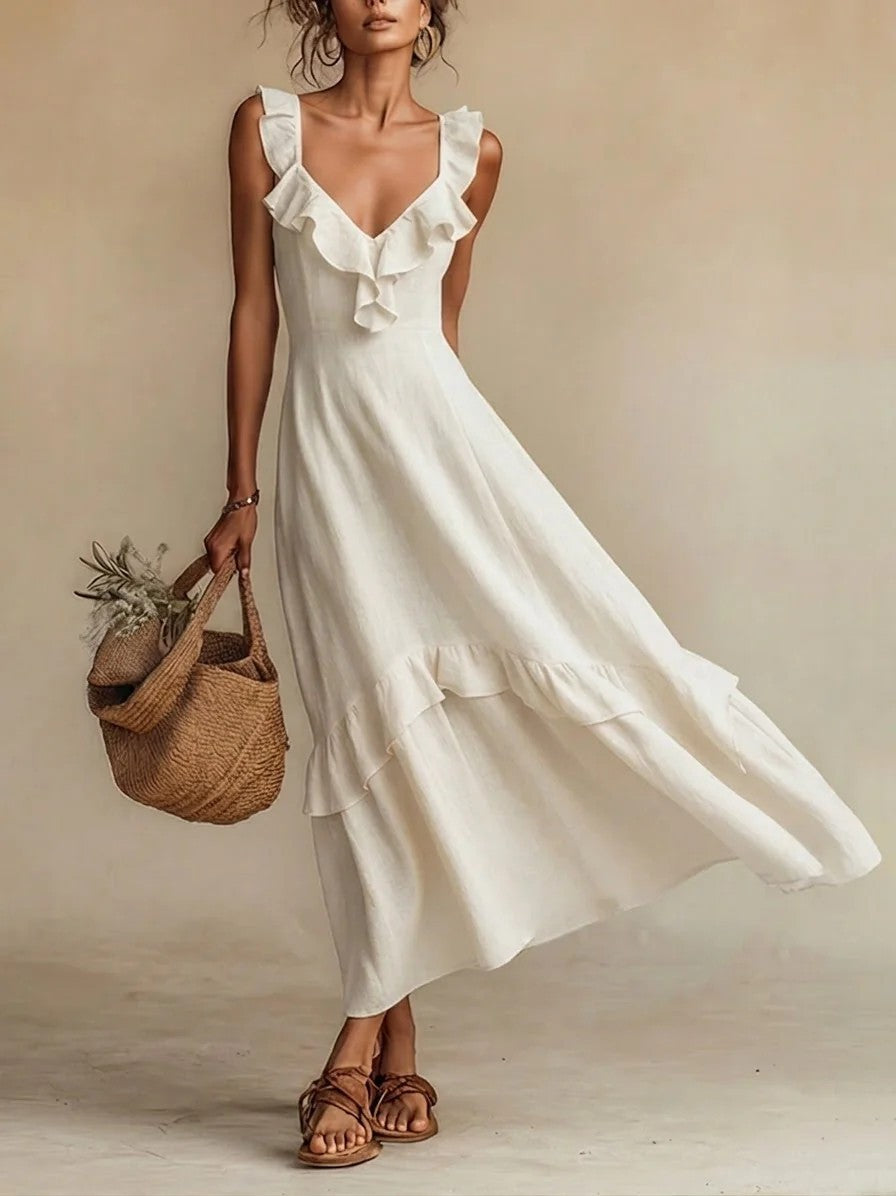 Ruffle Flutter Maxi Dress – Elegant High Waist