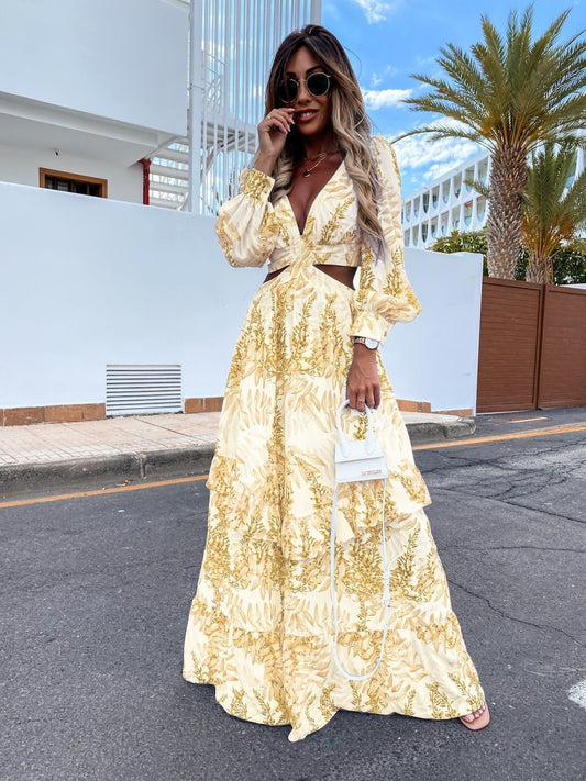 Women's Elegant Hollow Floor V-neck Summer Dress  Print Long Sleeve Holiday Dress