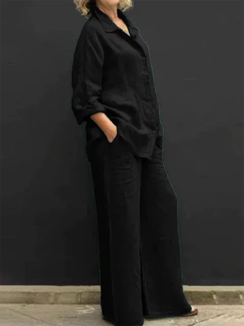 Lapel Blouse and Loose Straight Pants women