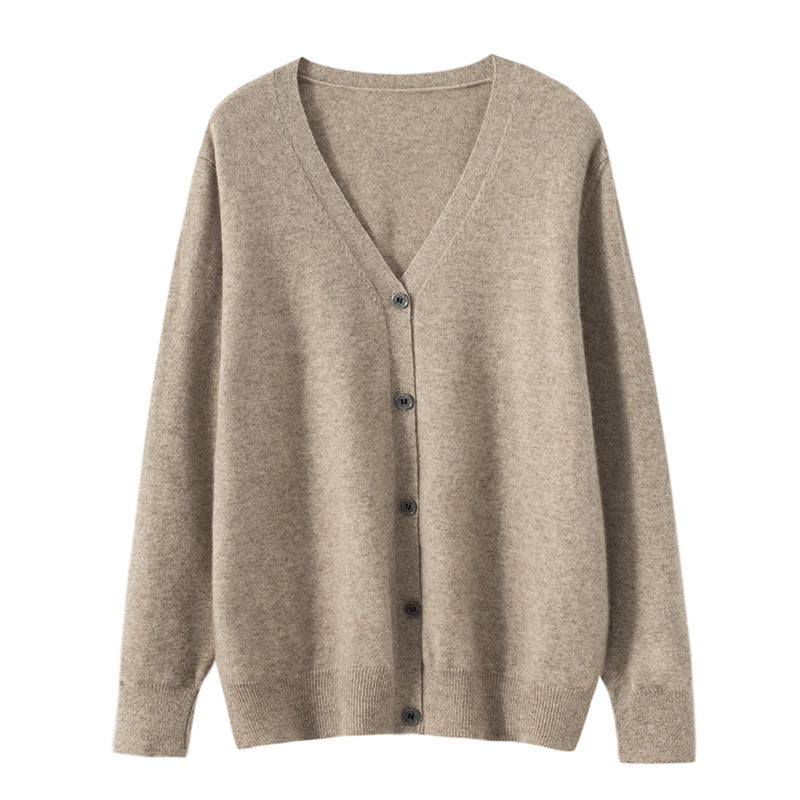 Aura men's luxury loose-fit wool and cashmere blend V-neck cardigan in soft camel brown displayed cleanly on a solid studio background.