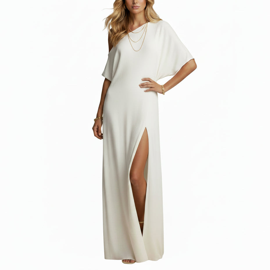 Close-up detail shot of the Aurora off-shoulder slit maxi dress, showcasing the soft fabric texture, relaxed mid-waist A-line tailoring, and clean short sleeve stitching.