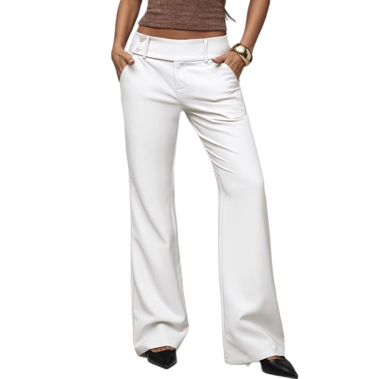 The Prestige Signature Slimming Workwear Trousers in a high-waisted, wide-leg cut showing the elegant professional drape.