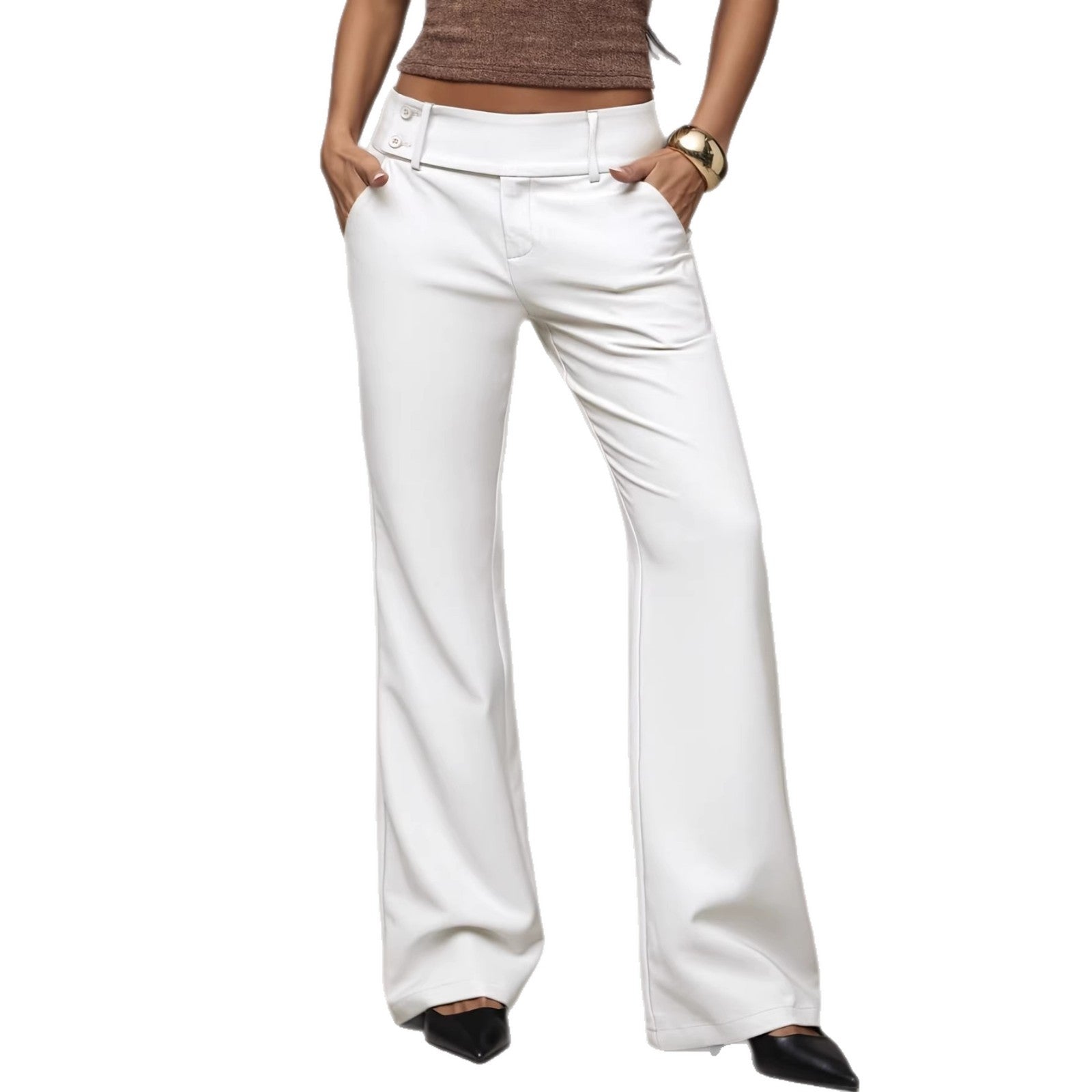 The Prestige Signature Slimming Workwear Trousers in a high-waisted, wide-leg cut showing the elegant professional drape.