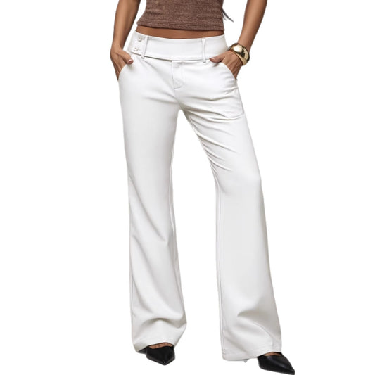 The Prestige Signature Slimming Workwear Trousers in a high-waisted, wide-leg cut showing the elegant professional drape.