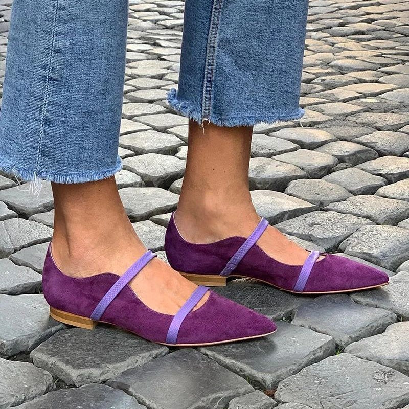 Formal pointed-toe suede flats for women in vibrant blue and royal purple with crystal strap detailing.
