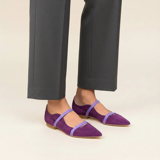 Formal pointed-toe suede flats for women in vibrant blue and royal purple with crystal strap detailing.