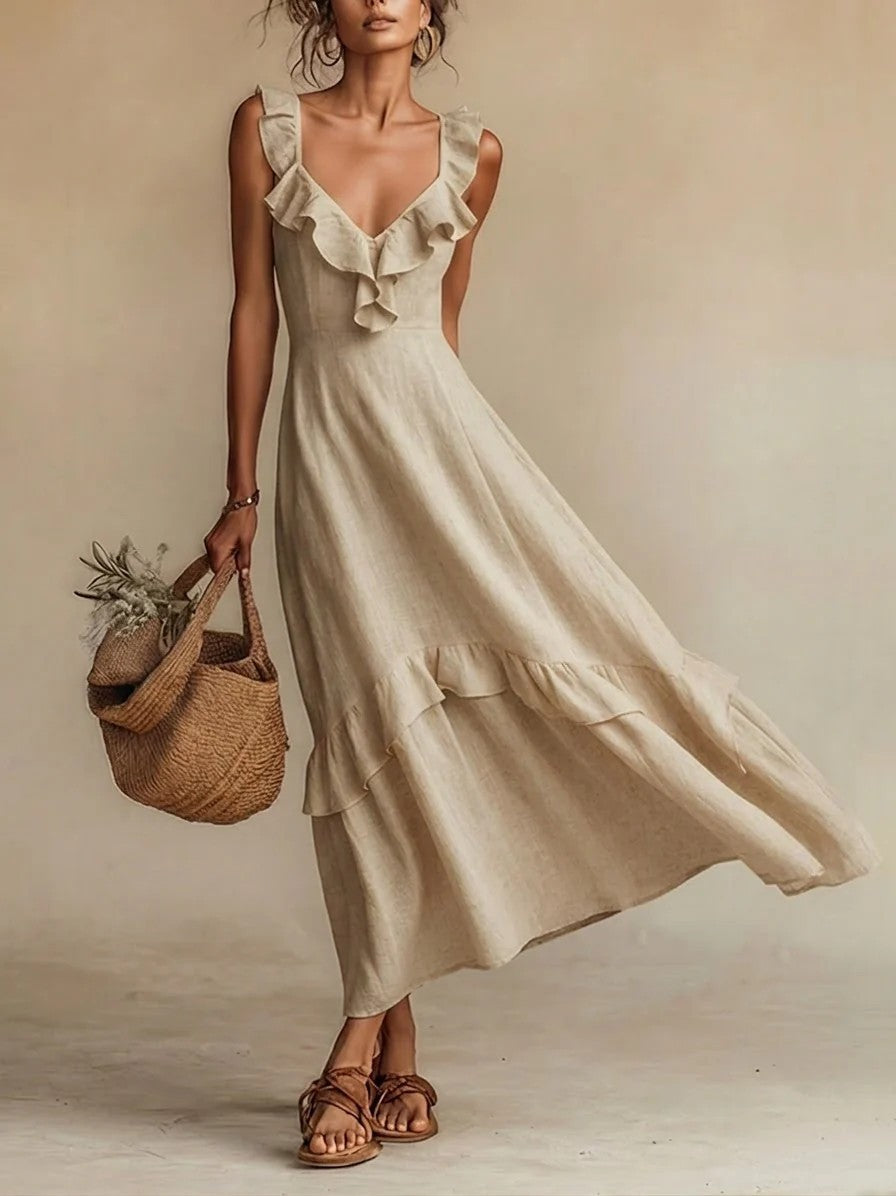 Ruffle Flutter Maxi Dress – Elegant High Waist