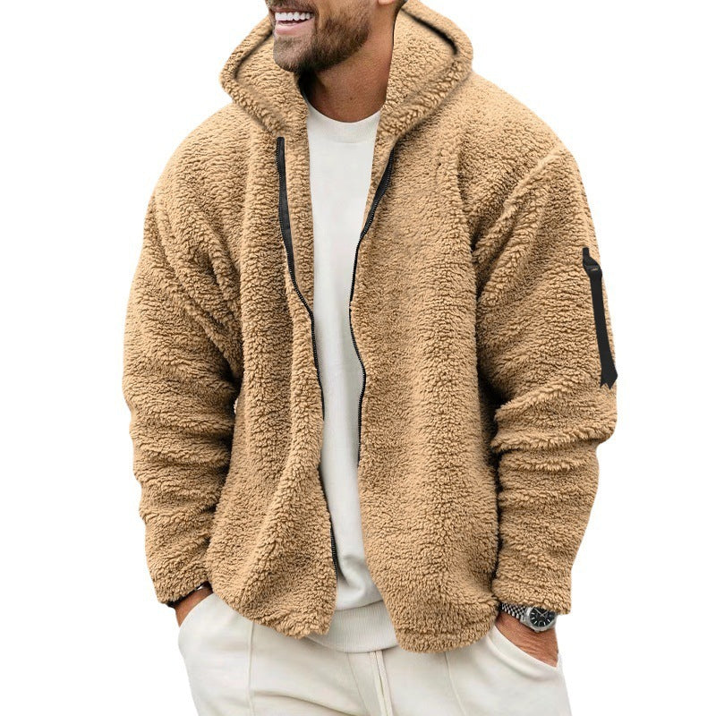 Plush Hooded Reversible Jacket Men's Winter Fleece  With Zipper