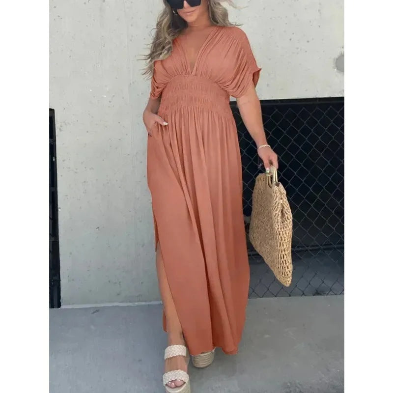 Womens Bat-sleeved V-neck Summer Short Sleeve Dress with Elastic Waist