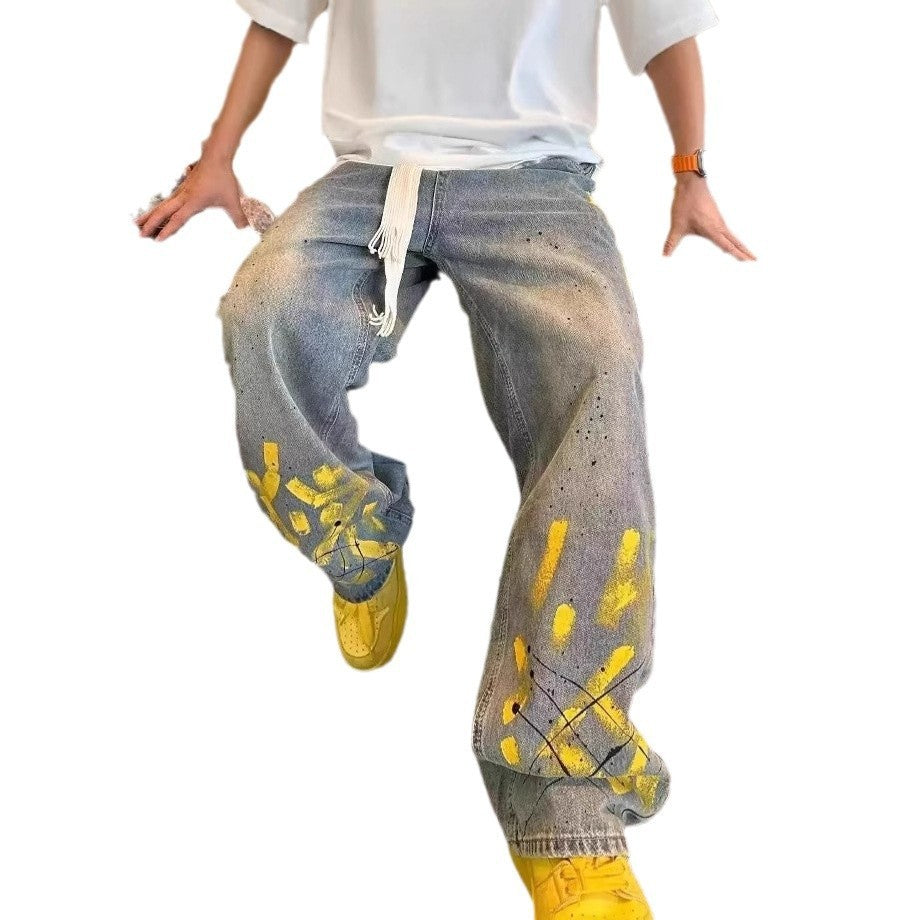 Men's Casual Straight leg Hand-painted splash ink jeans