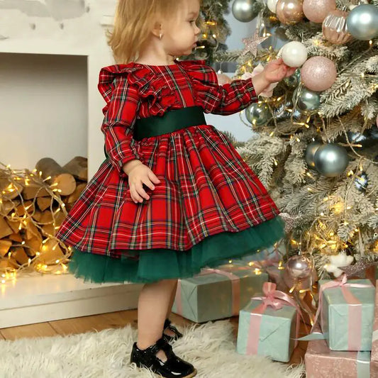 Girls Kids Red Checkered Bow Christmas Dress - Season Prestige