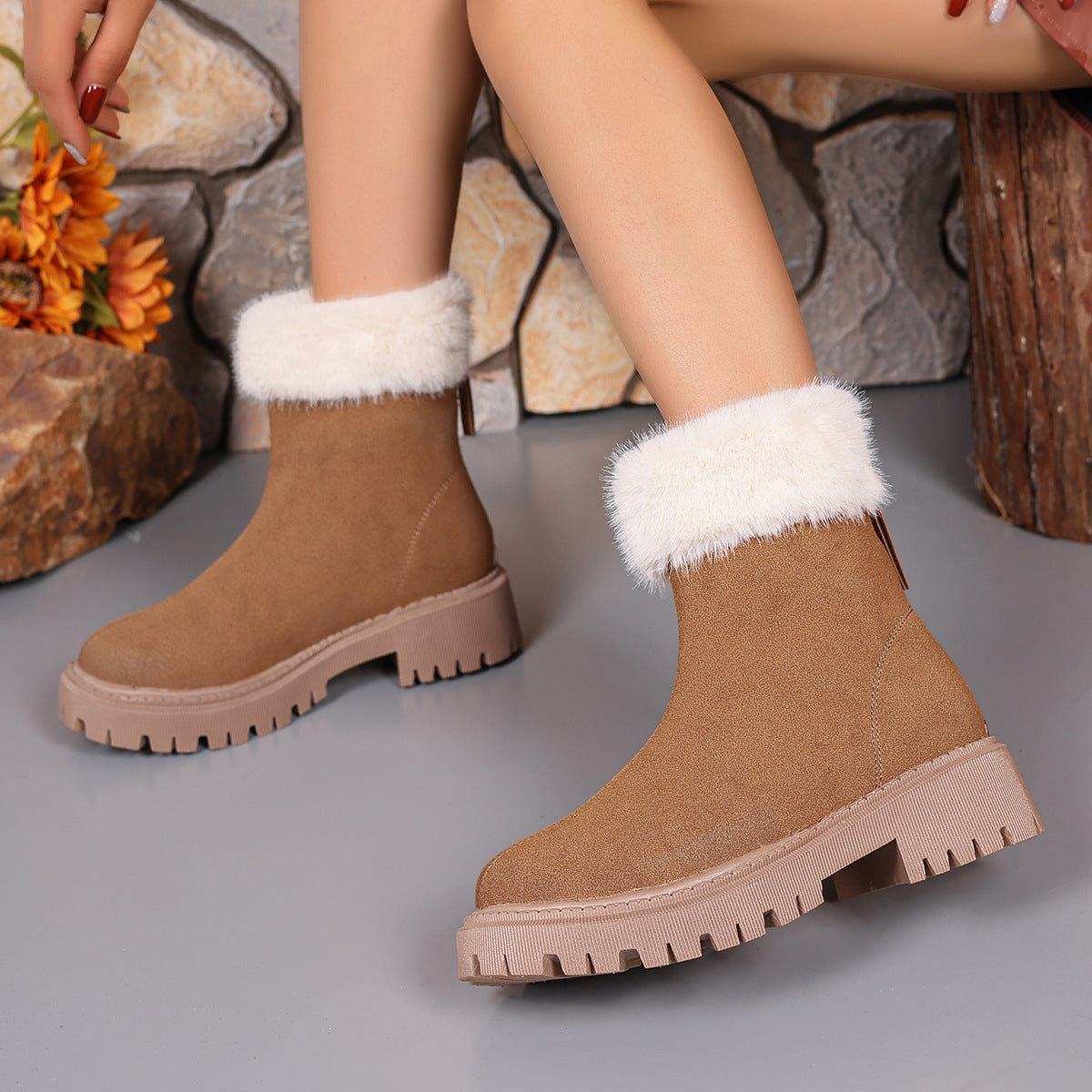 Square-heeled Snow Boots Winter Plus Velvet Platform Plush Shoes Fashion Warm Non-slip Mid-calf Boot For Womenn̈