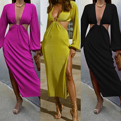 Womens Pressed Pleated Waistless long-sleeved Dresses