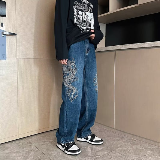 Loose Embroidered Straghtleg Jeans with dragon design For men