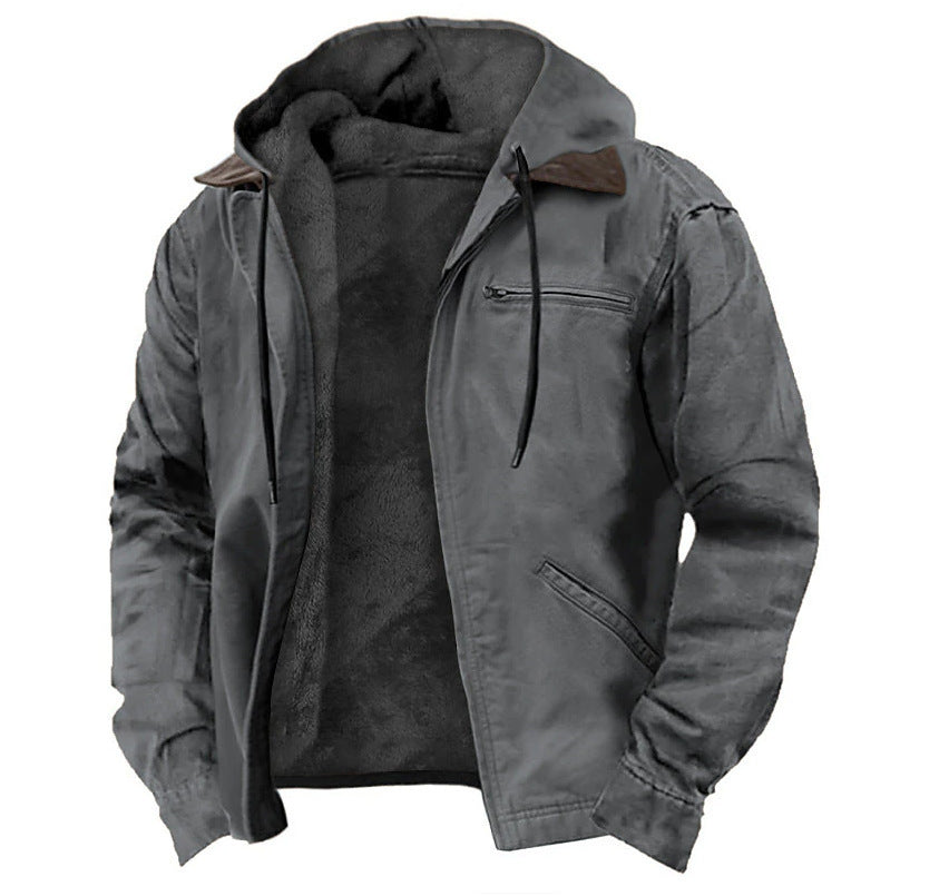 Mens Winter Hooded Coat With Pockets Warm Fleece Zip-up Jacket