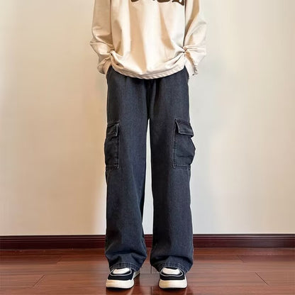 Mens Wide-leg Loose Lace-up Jeans