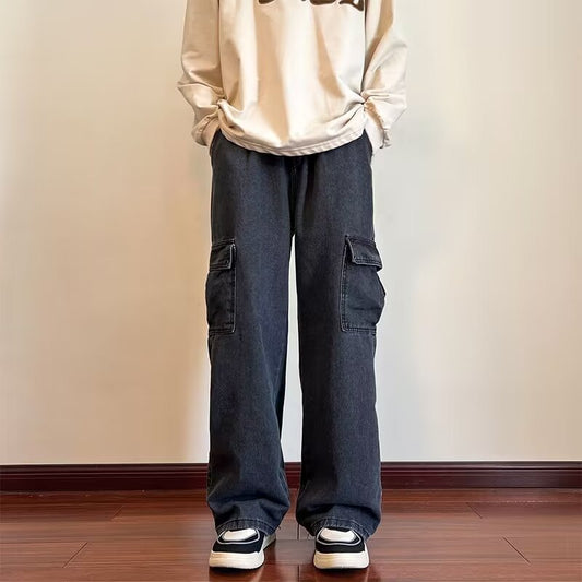 Mens Wide-leg Loose Lace-up Jeans