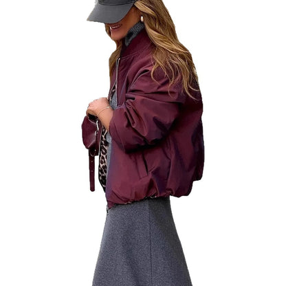 Women's Elegant Reversible Zipper Leopard Print And Wine Red Casual Coat