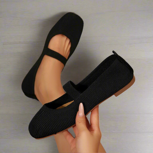 Black breathable knit mesh flats with a modern square toe by Season Prestige 