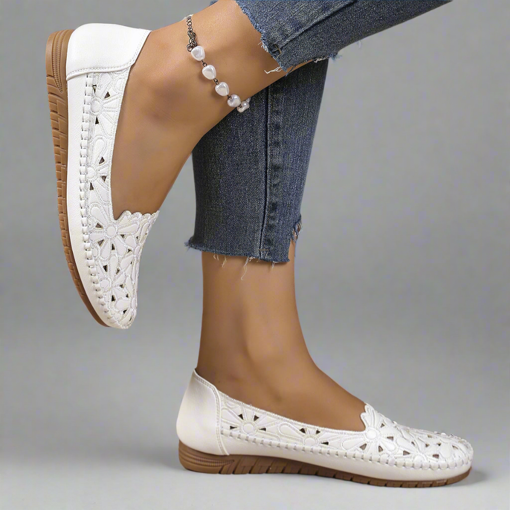 Season Prestige floral hollow-out flats in White and Apricot.