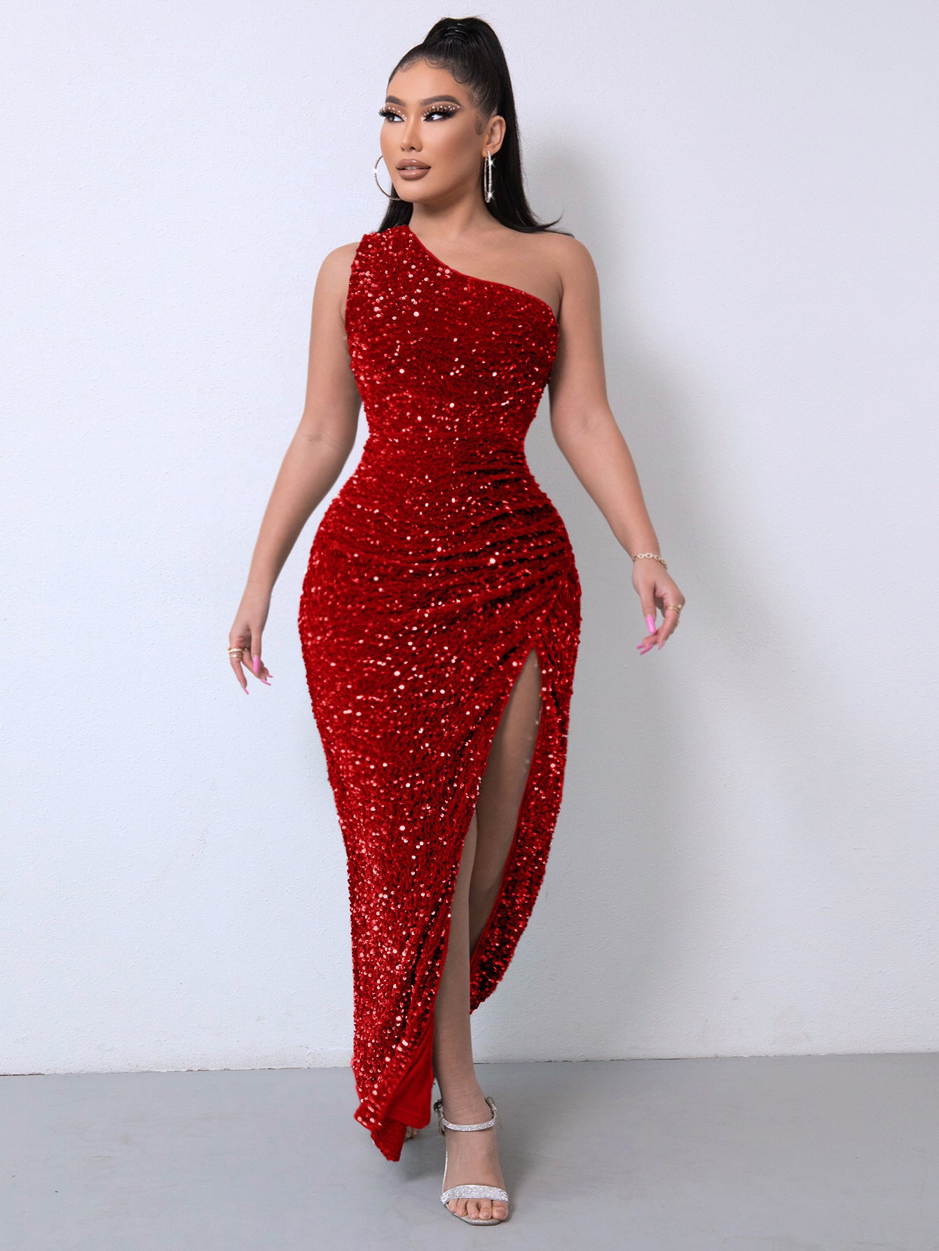 Sleeveless One Shoulder Slash Neck Sequins Slit Dress Women
