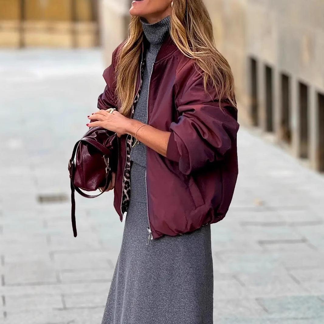 Women's Elegant Reversible Zipper Leopard Print And Wine Red Casual Coat